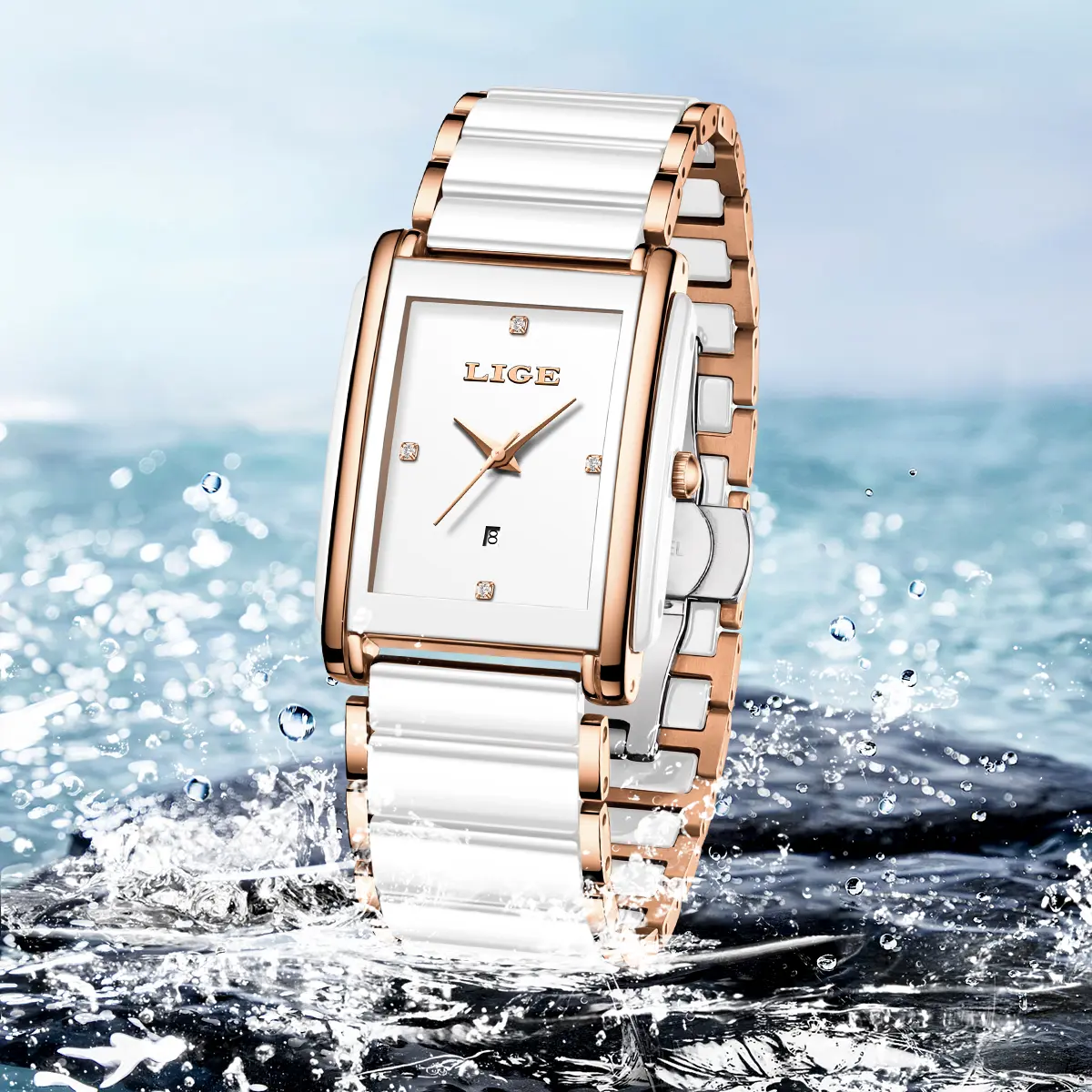LIGE Fashion Square Quartz Woman Watches Ceramics Elegant Simple Diamond Auto Date Romantic Birthday Gift Leisure Wristwatch New