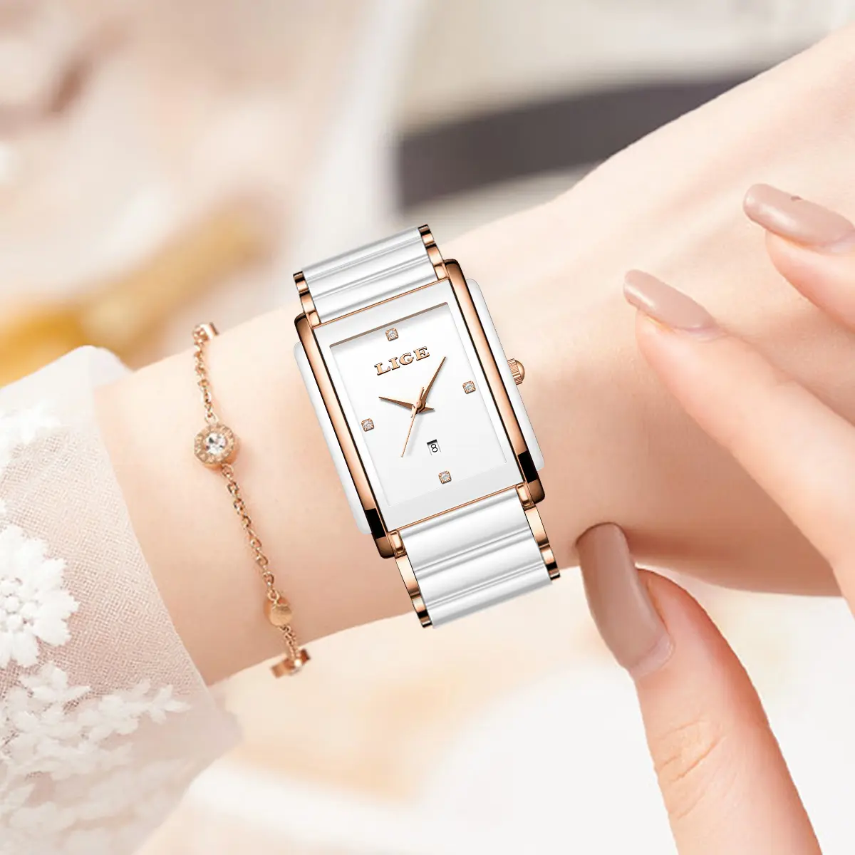 LIGE Fashion Square Quartz Woman Watches Ceramics Elegant Simple Diamond Auto Date Romantic Birthday Gift Leisure Wristwatch New