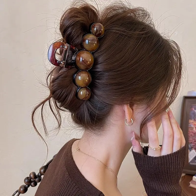 Retro Gradient Beaded Hair Claw 11Cm Women's Geometric Plastic Hairpin Shark Clip Fashion Everything Hair Clip Hair Accessories