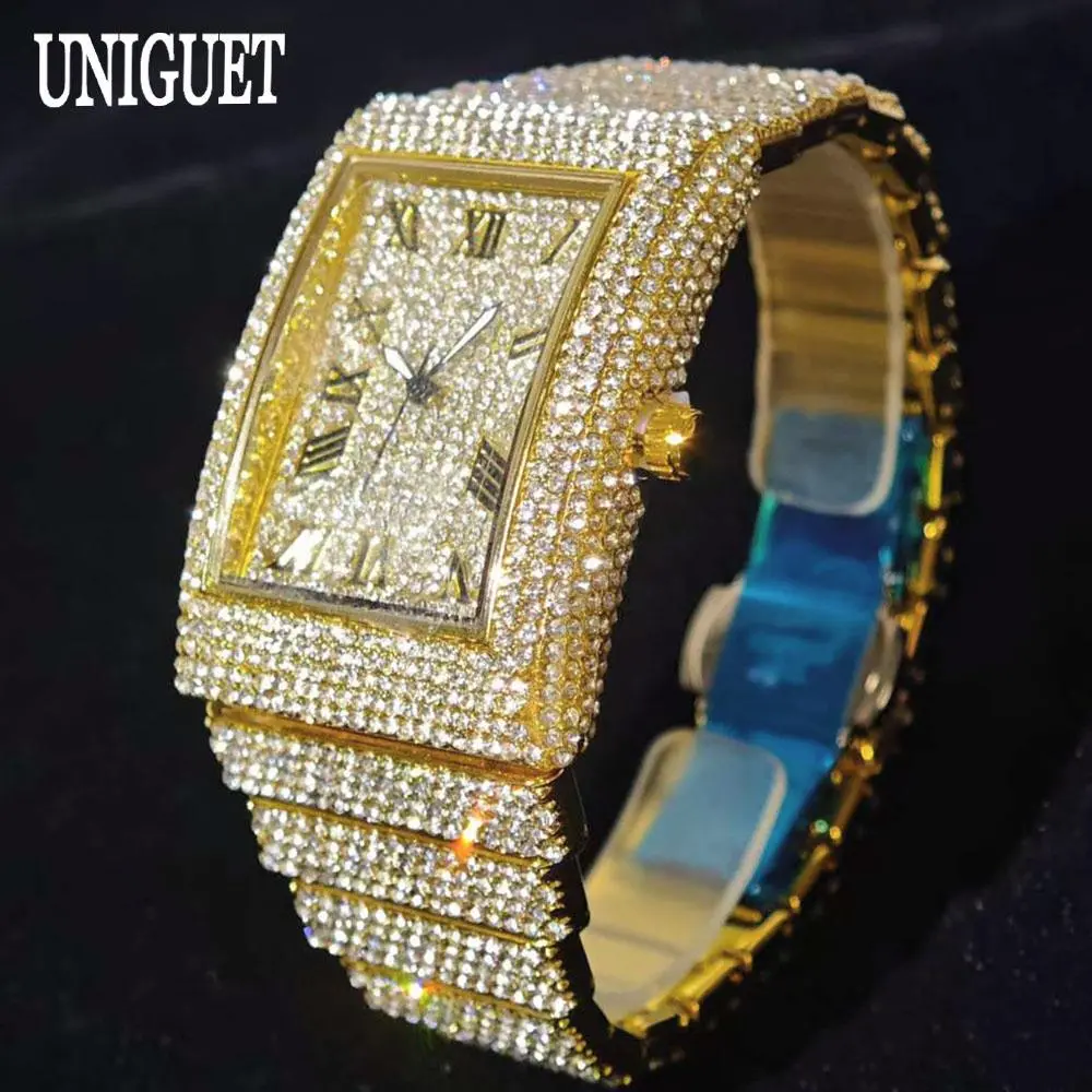 2025 Luxury Brand UNIGUET Quartz Diamond Watch For Men Fashion Hip Hop Full Diamond Bling Jewelry Wristwatches Man Dropshipping