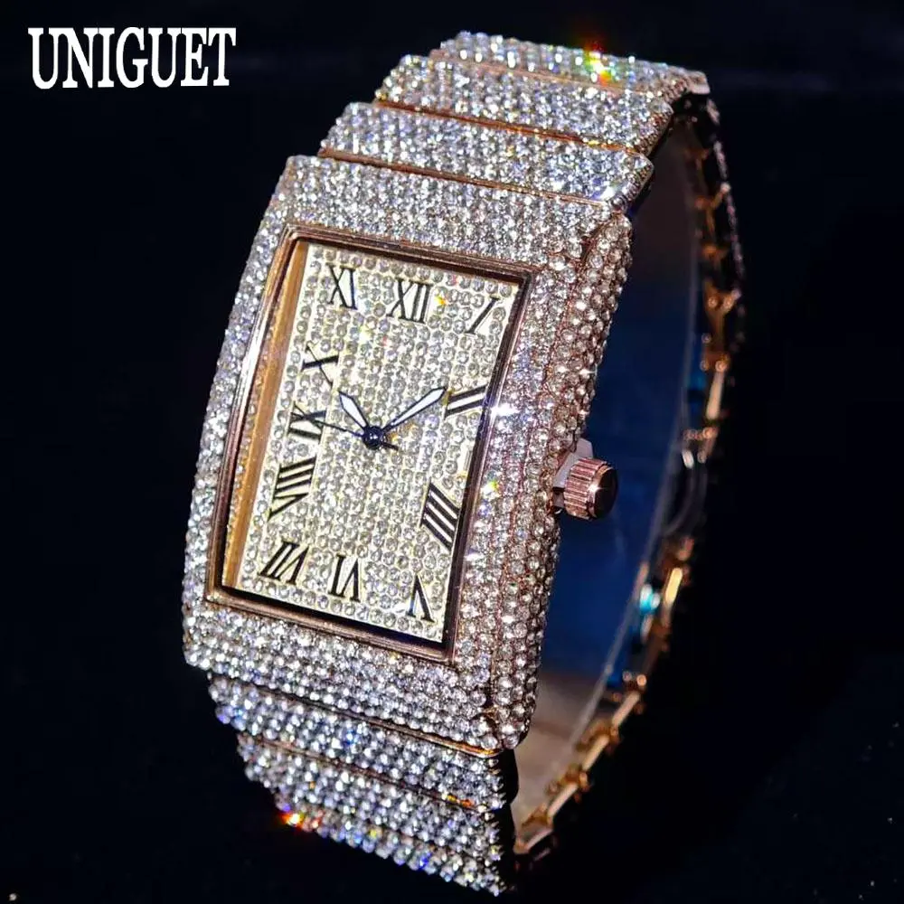 2025 Luxury Brand UNIGUET Quartz Diamond Watch For Men Fashion Hip Hop Full Diamond Bling Jewelry Wristwatches Man Dropshipping