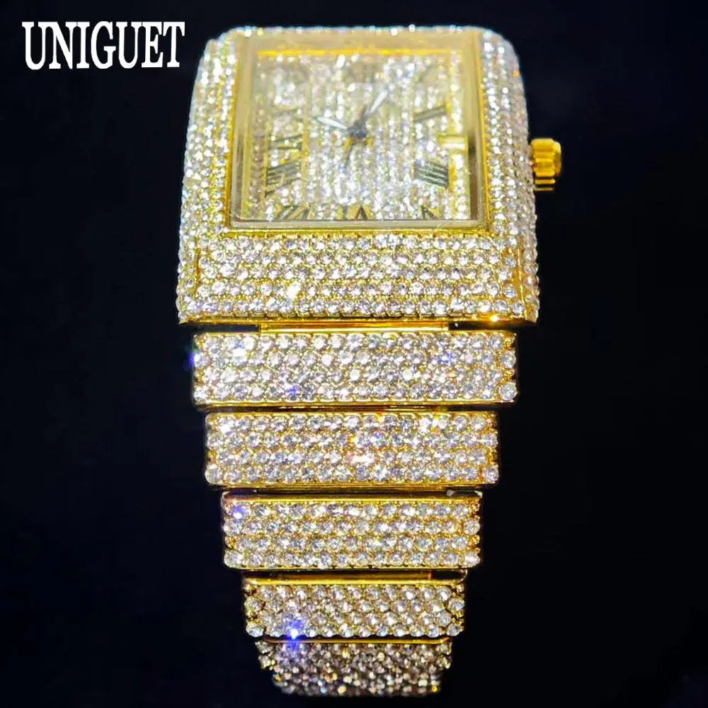 2025 Luxury Brand UNIGUET Quartz Diamond Watch For Men Fashion Hip Hop Full Diamond Bling Jewelry Wristwatches Man Dropshipping