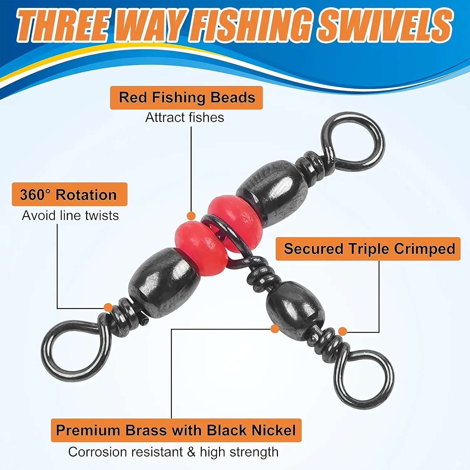 3 Three Way Swivels,Triple Swivel T-Shape Barrel Swivel, Fishing Tackle Connector Fishing Line Swivel Catfish Rig