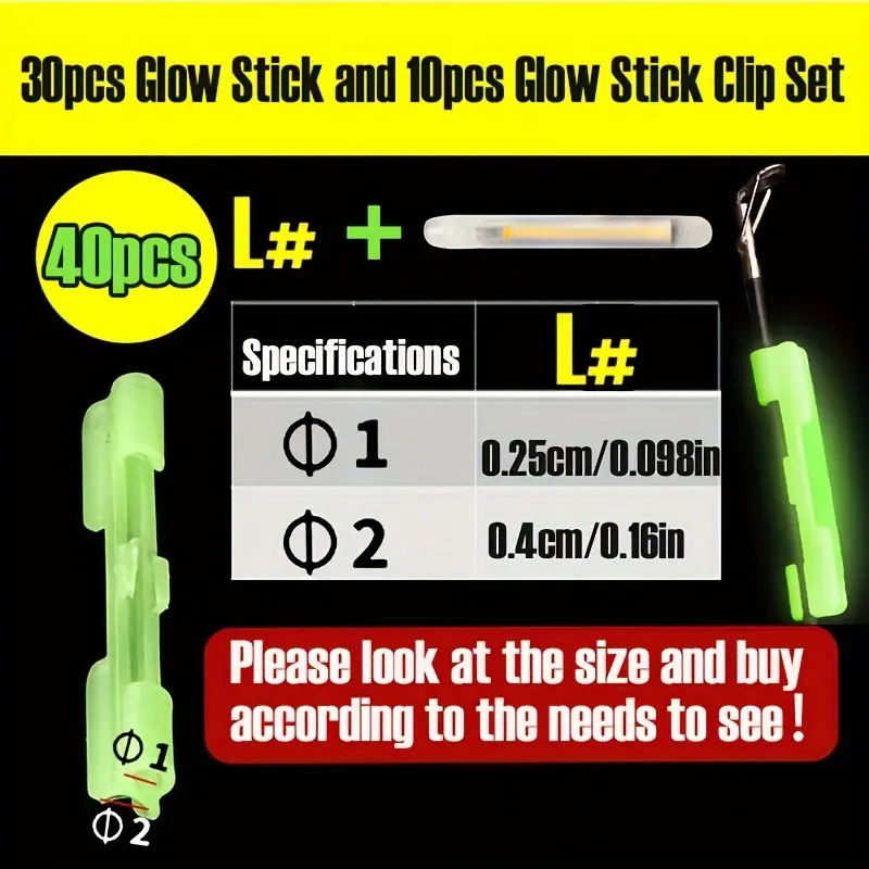 40pcs/Set Night Fishing Luminous Sticks with Accessories, 30pcs Glow Stick and 10pcs Glow Clip Kit