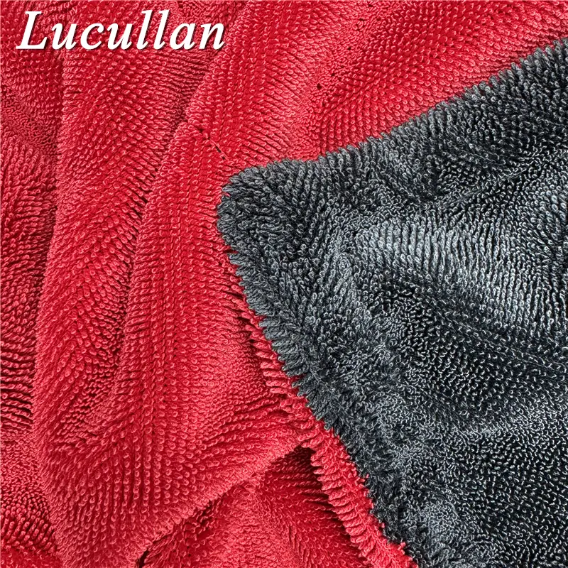 Lucullan 60X90CM Red/Grey Double-Twist Pile Car Microfiber Drying Towel 1300GSM Super Absorbent Premium Detailing Cloth