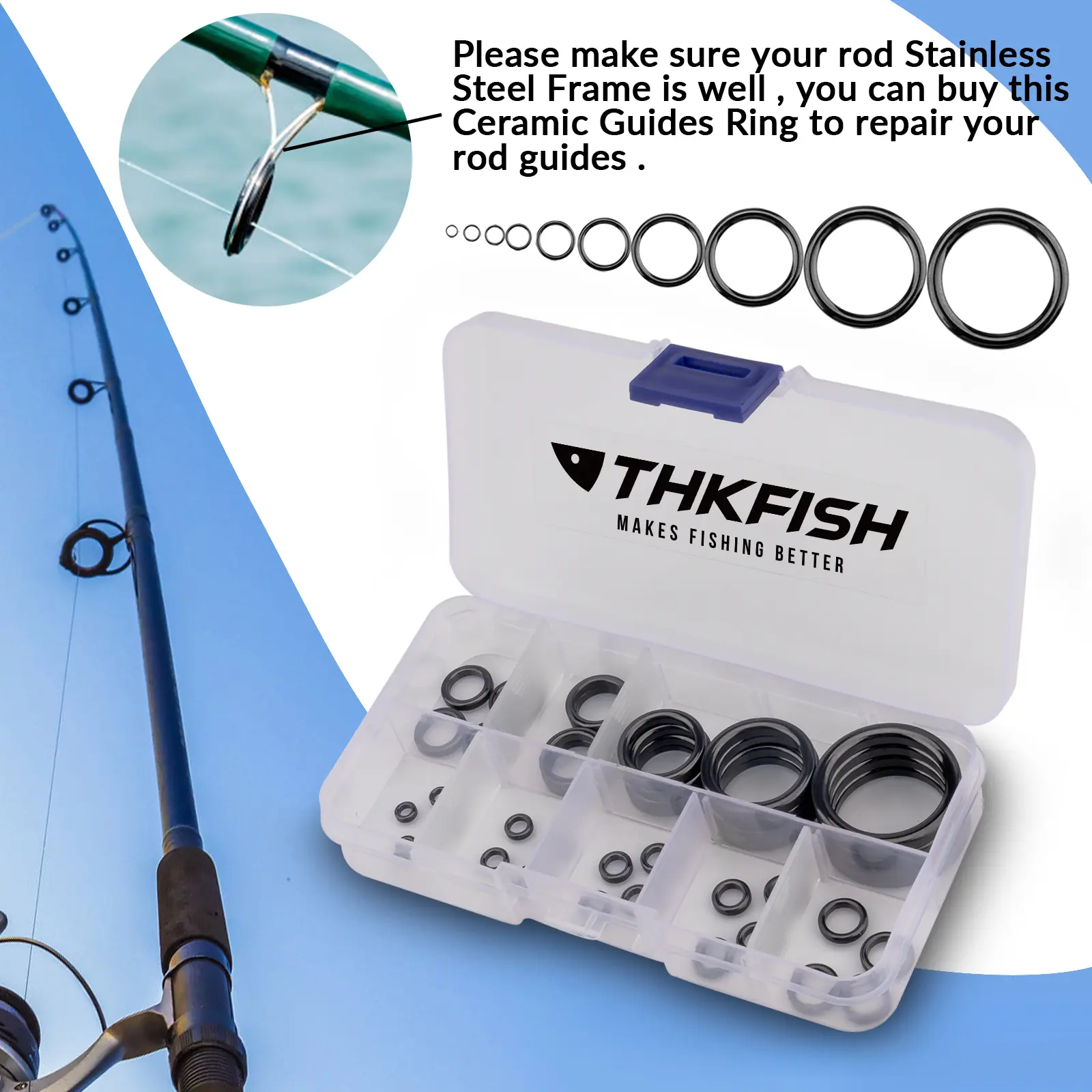 THKFISH 40pcs Fishing Rod Guides Ring 4mm-30mm Round O Ceramic Rings For Rods Guides Replacement Accessories Fishing Tackle