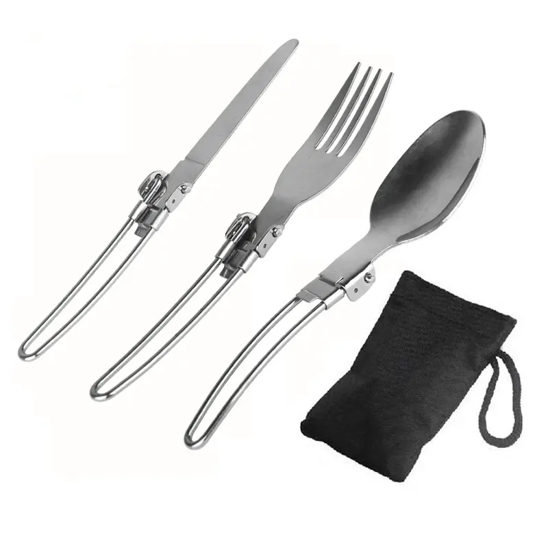 3 pcs 1 set Portable Outdoor Camping Travel Picnic Foldable Stainless Steel Spoon Fork Knife Tableware Cutlery Set