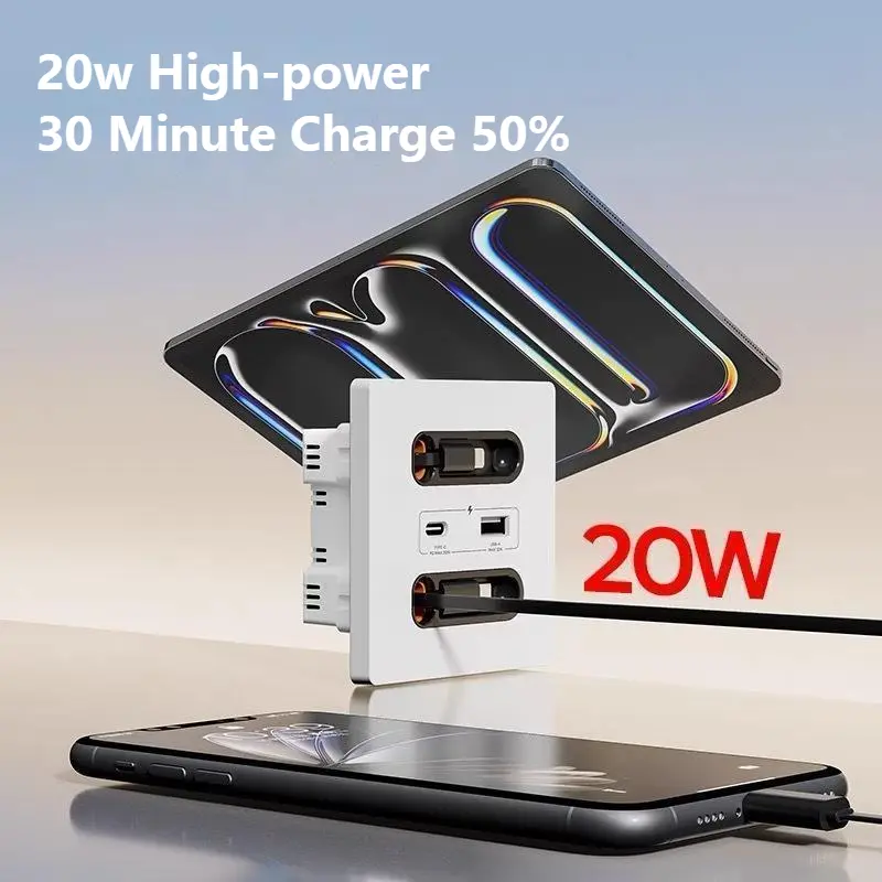 20W Fast Charging USB Universal Smart Socket with Charging Cable Airport Homestay Bedside Mobile Phone Charging Type-c Sockets