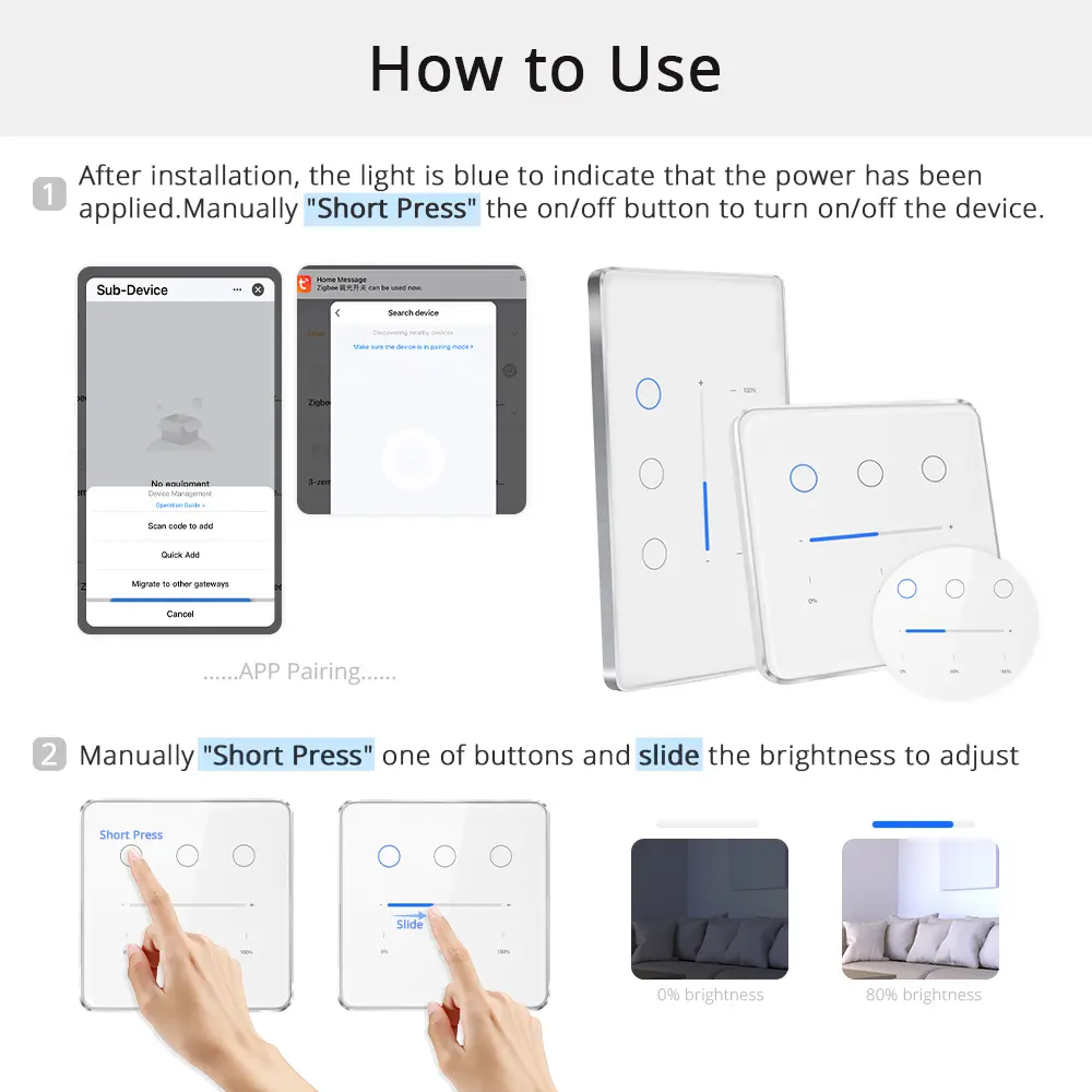 Yagusmart Zigbee 3 Gang Dimmer Light Switch Work with Tuya Smart Life Remote Control US EU Standard Switch Percentage Control