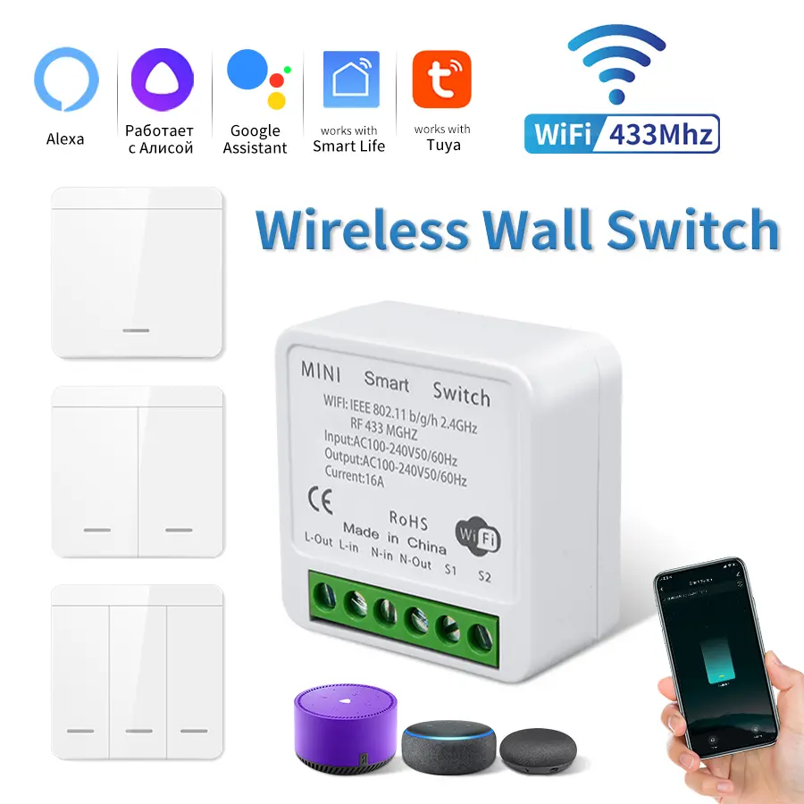 Tuya Smart 2.4GHz WiFi Switch Module Receiver RF433MHz 1/2/3Gang Wall Switch Alexa Google Home Voice Control Smart Life APP