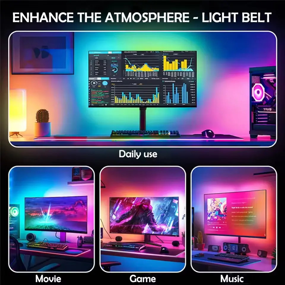 Smart LED Gaming Strip Light Computer Monitor Backlight Sync Strip Light RGB Light Bar Screen USB Gaming Bedroom Decor Lamp