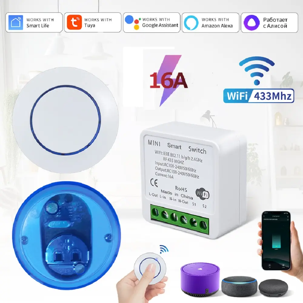 Tuya Smart Wifi Switch RF 433MHz Alexa Google Assistant Alice 16A Voice Remote Control Universal Mini Module for Led Lighting