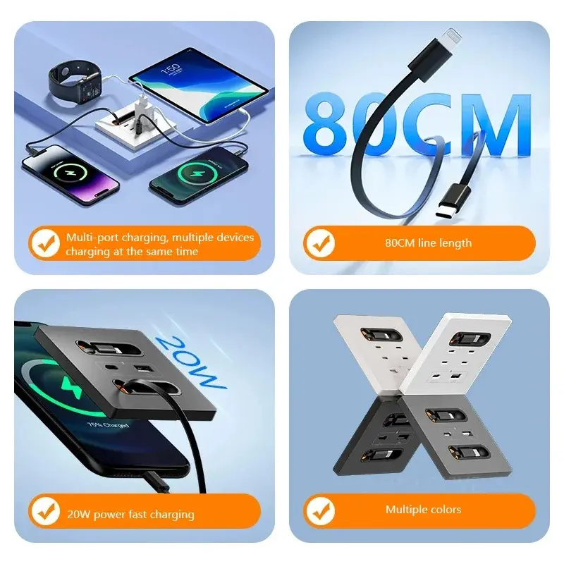 Universal Smart Socket With Charging line 20W Fast Charge USB C Port PC Power Wall Panel,Mobile phone charging Type C Outlet
