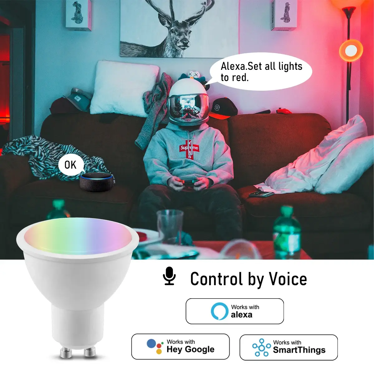 Tuya Wifi GU10 LED Bulb with RGB Color Changing and Dimmable, Works with Alexa and Google Home, 1-10PCS Smart Bulb