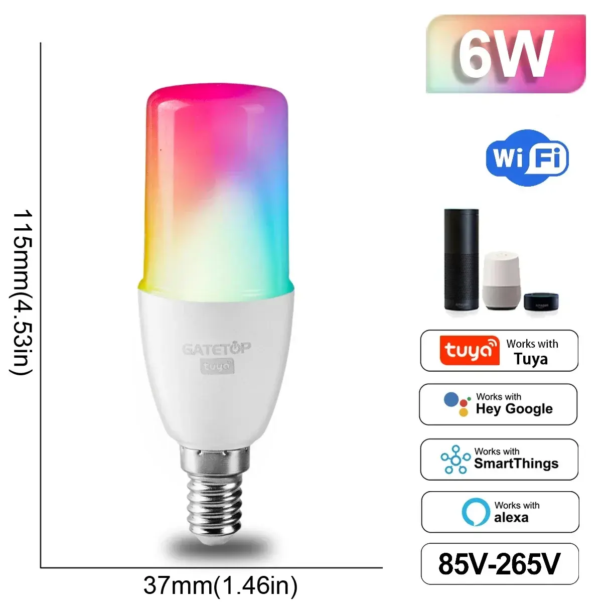 Matter-bombilla inteligente, T37 E14 6W Tuya RGB Led con Wifi,AC 110V 85V-265V,para Google Assisatnt Smart Life,Light Dimmable