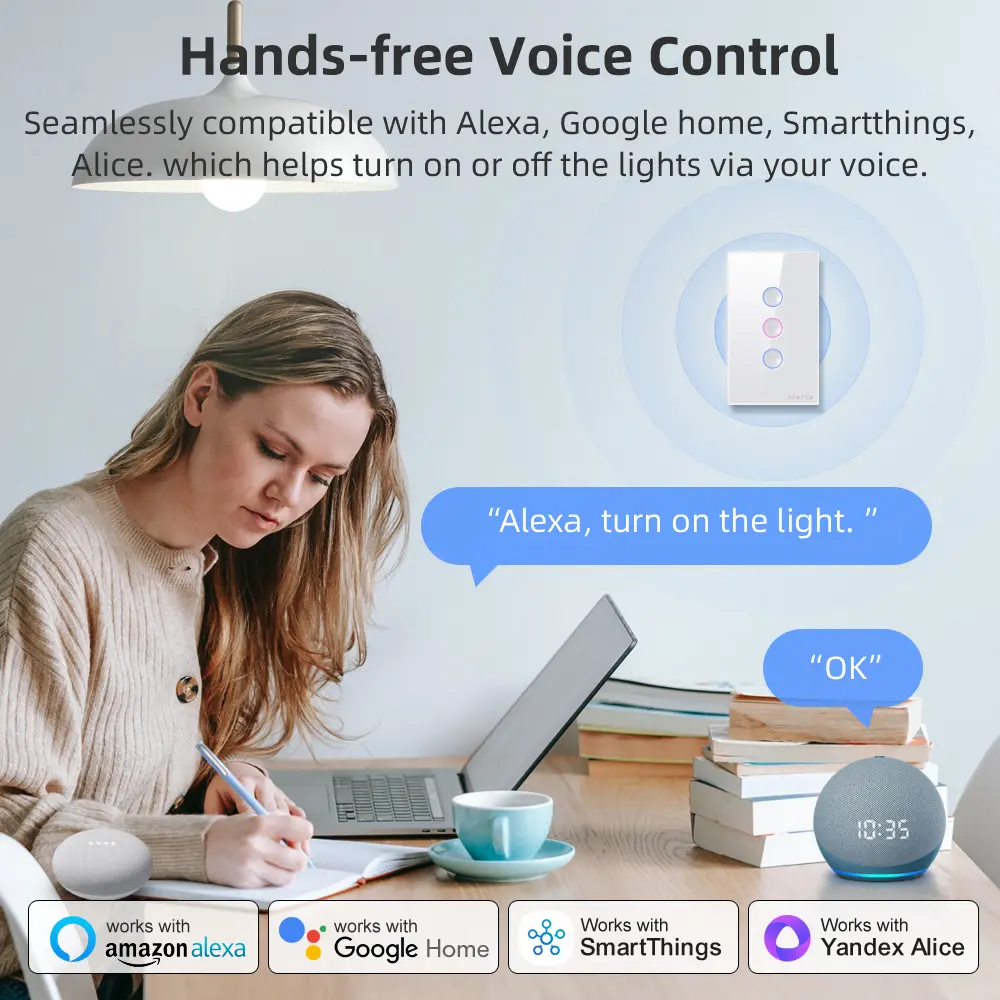 AVATTO Tuya WiFi Smart Light Switch，1/2/3/4 Gang Touch Grooved Button Switch Wireless Remote Works With Alexa,Google Home