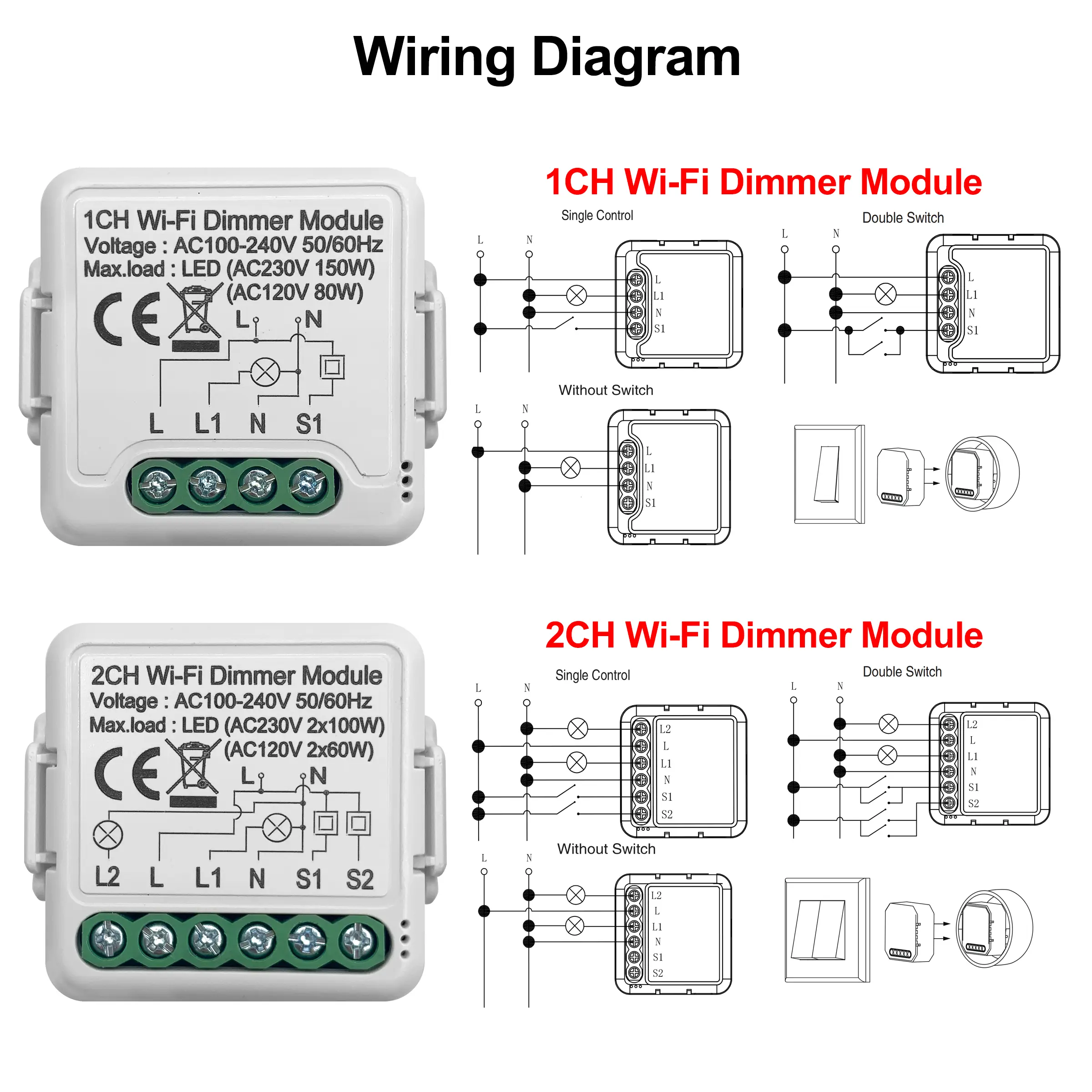 GIRIER Tuya Wifi Smart Dimmer Switch Module 10A Support 2 Way Control 1 2 Gang Compatible with Alexa Google Home Smart Life App