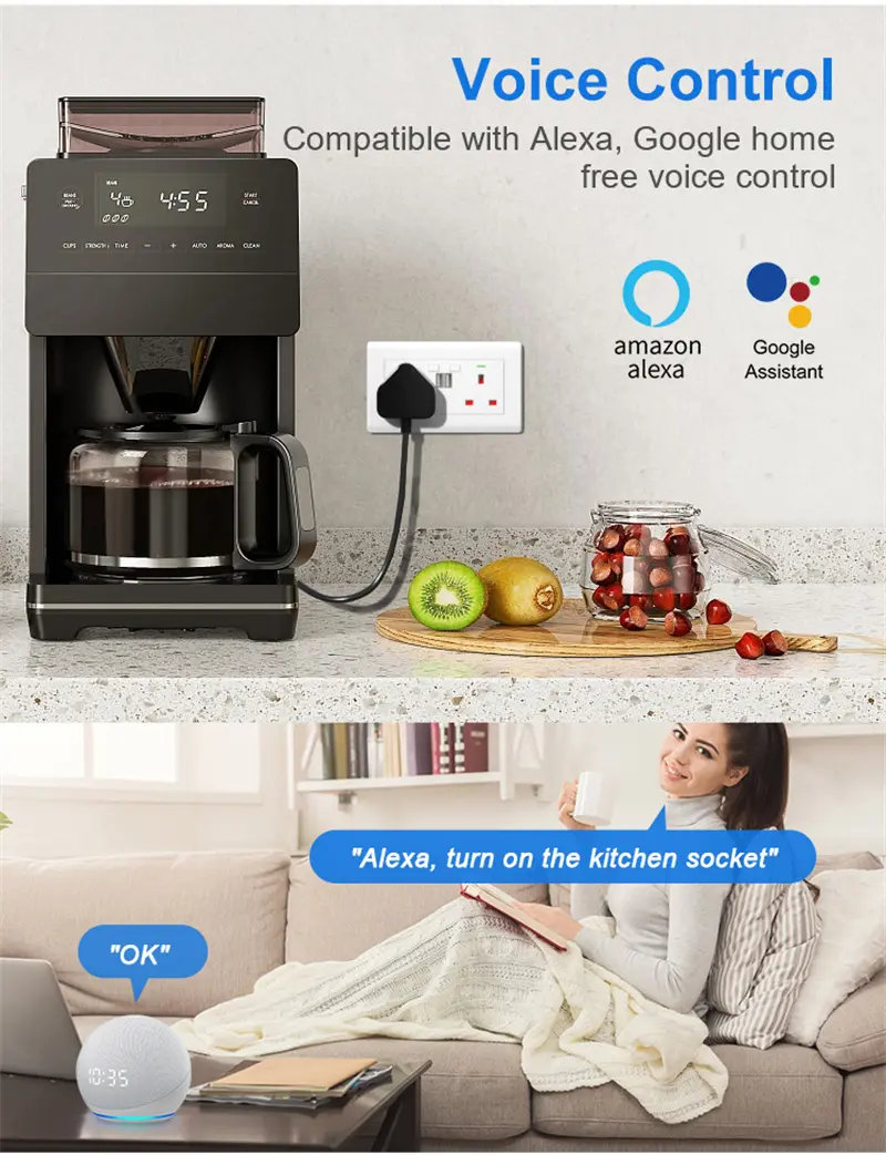 Tuya Wifi Socket with Dual USB 5V/2.1A Smart Home Switch UK Plug Smart Life APP Outlets Voice Control Via Google Home Alexa