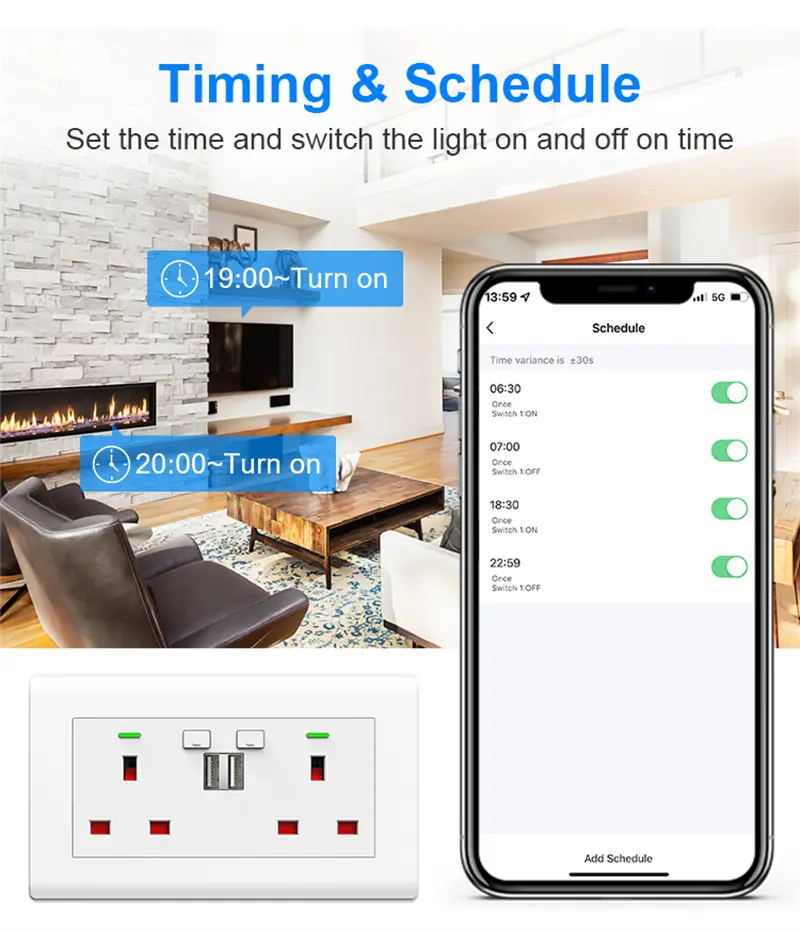 Tuya Wifi Socket with Dual USB 5V/2.1A Smart Home Switch UK Plug Smart Life APP Outlets Voice Control Via Google Home Alexa