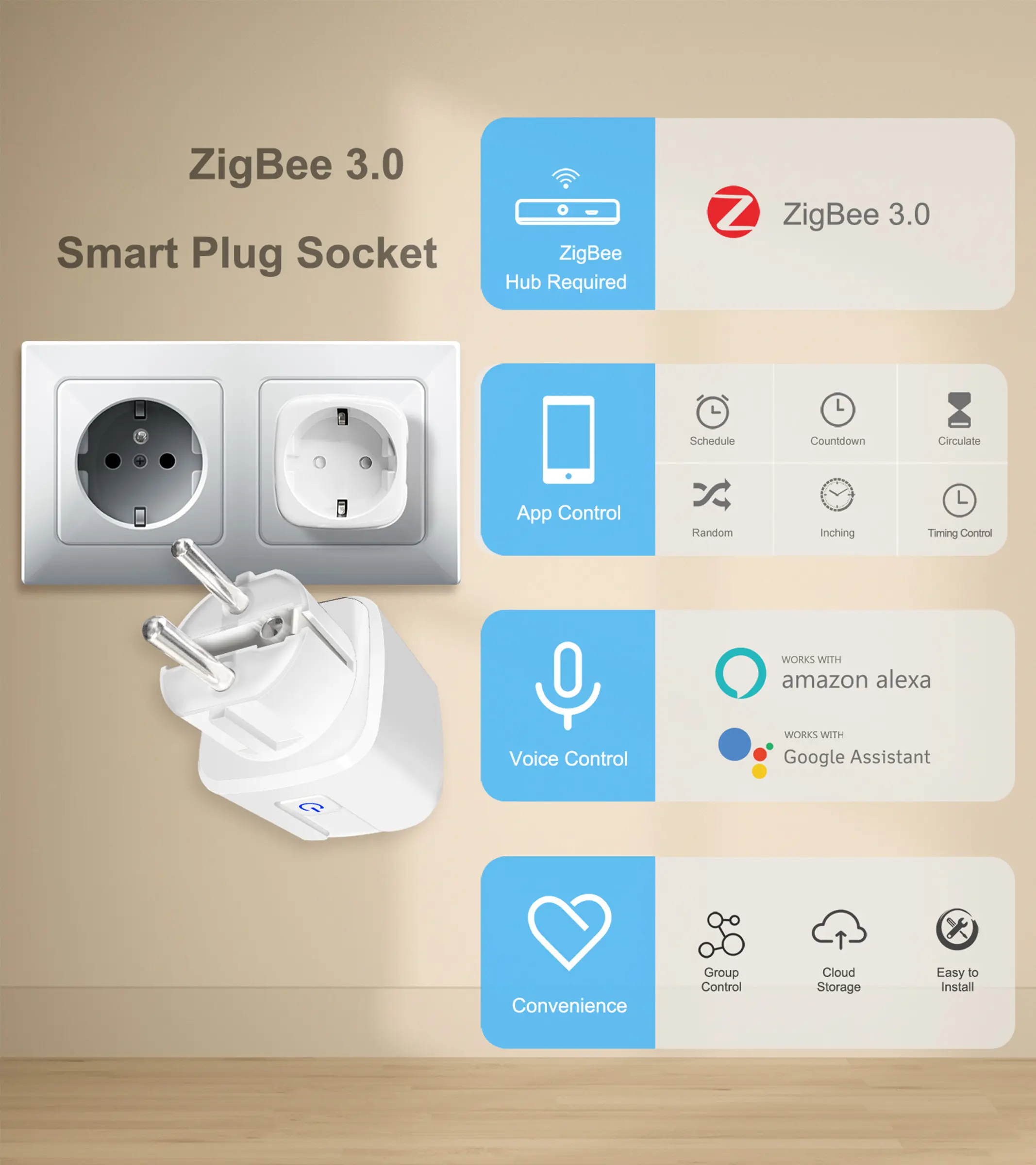 GIRIER Smart Plug ZigBee 16A with Power Monitor Function App Voice Remote Control Socket Outlet EU Supports Home Assistant Alexa