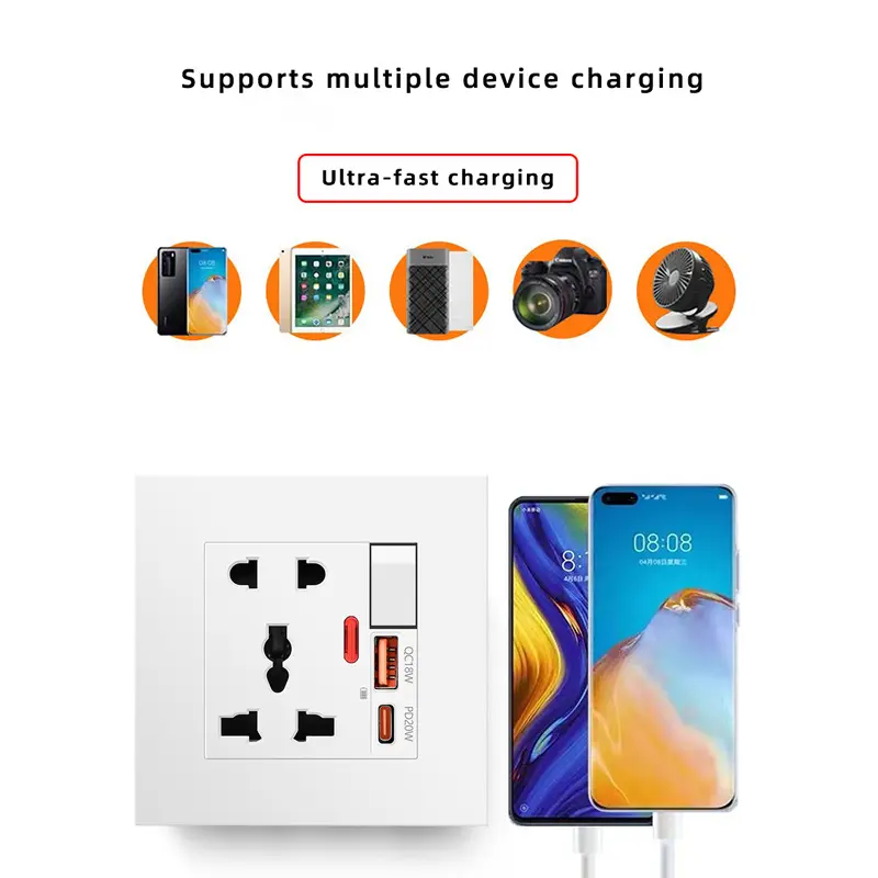 International universal five-hole socket with smart dual usb Type-C20W, fast charging wall usb C power socket panel AC110V-250V