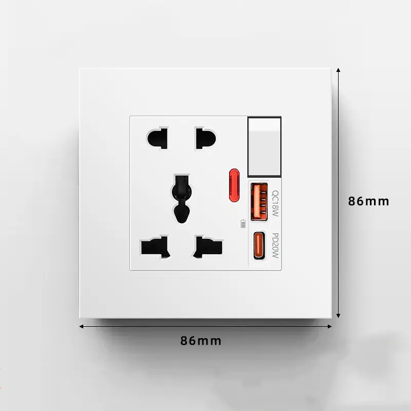 International universal five-hole socket with smart dual usb Type-C20W, fast charging wall usb C power socket panel AC110V-250V