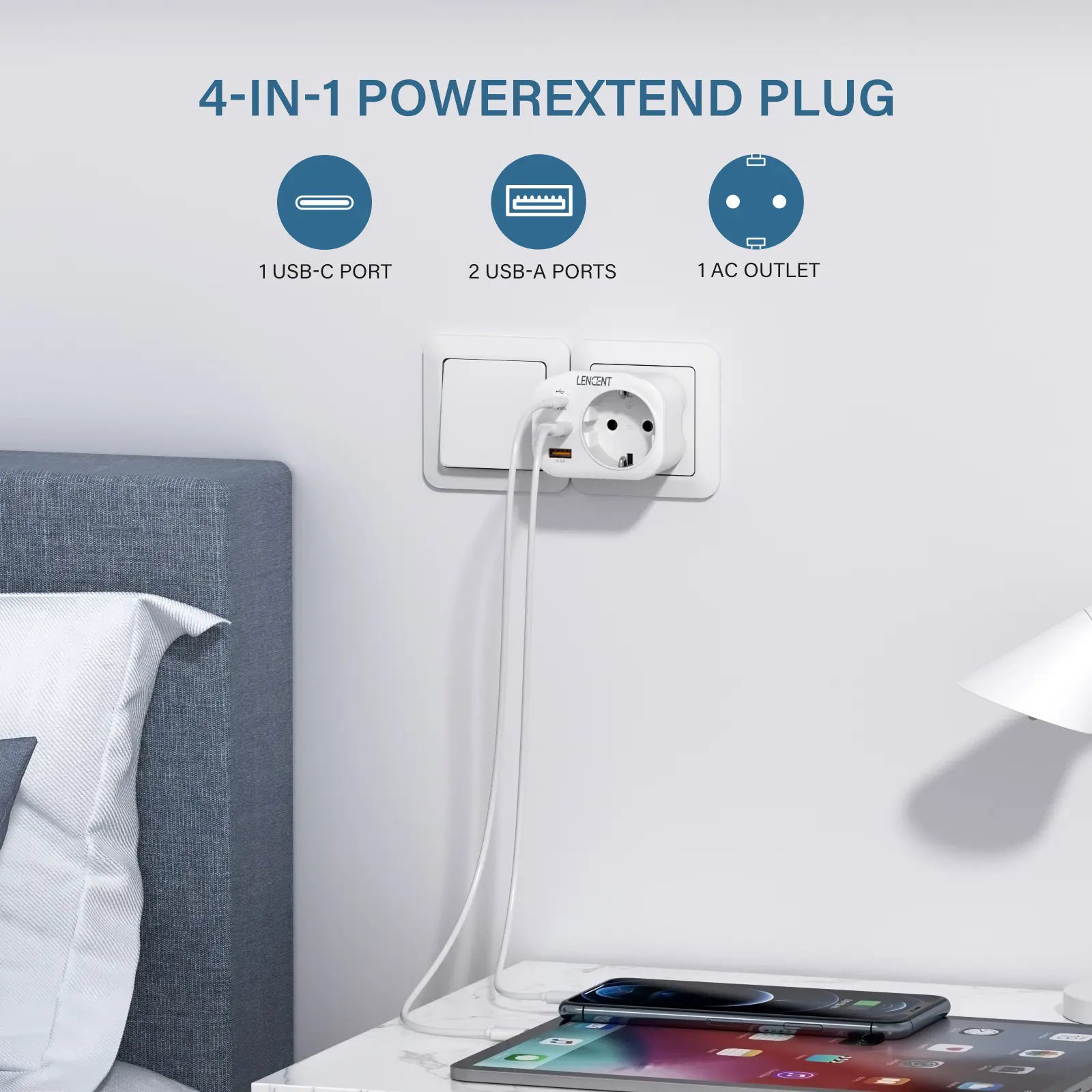 LENCENT EU Plug Fast Charger with 1 AC Outlet  2 USB C3.0 and 1 Type C PD 20W  4 in 1 Power Adapter Multi Socket for Home Travel