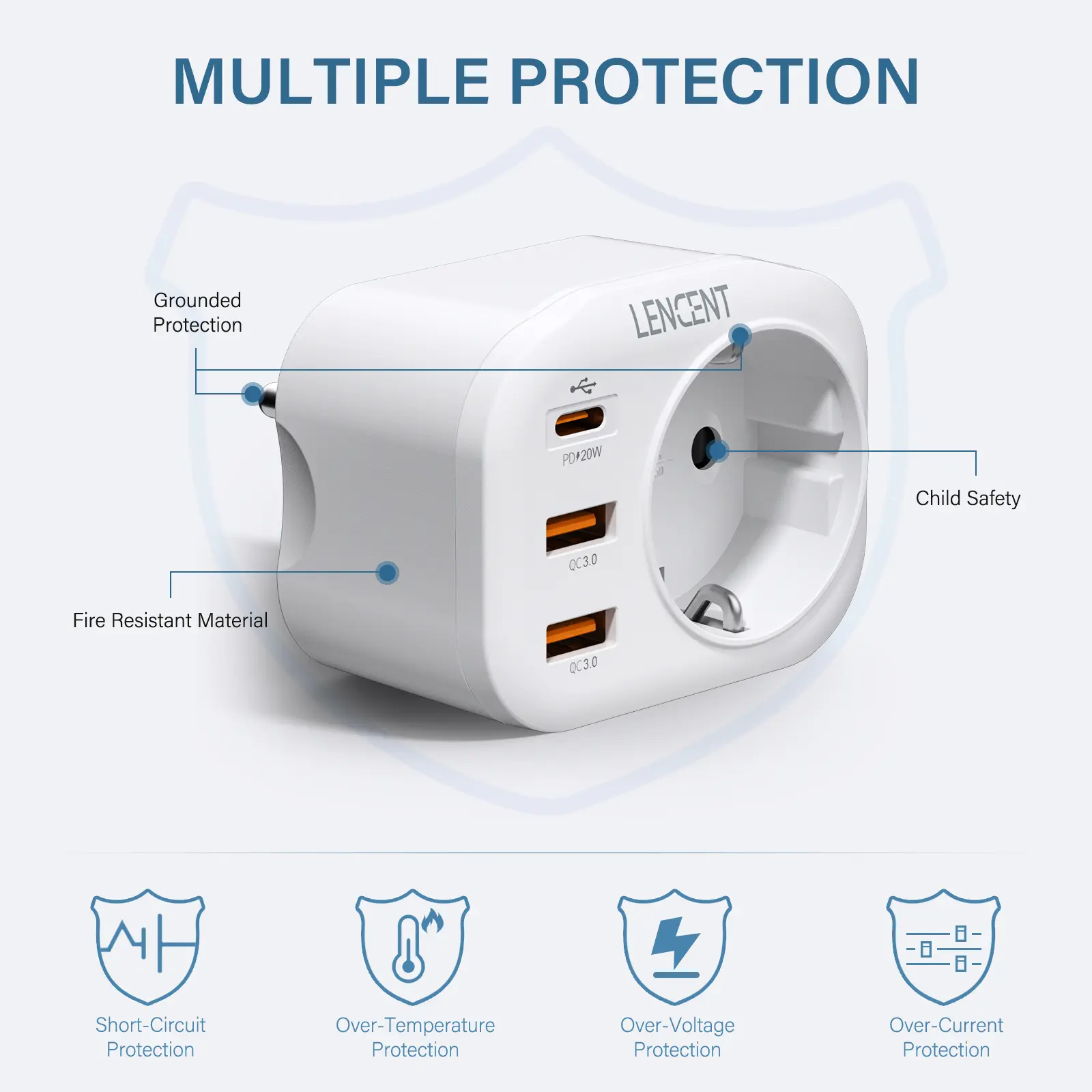 LENCENT EU Plug Fast Charger with 1 AC Outlet  2 USB C3.0 and 1 Type C PD 20W  4 in 1 Power Adapter Multi Socket for Home Travel