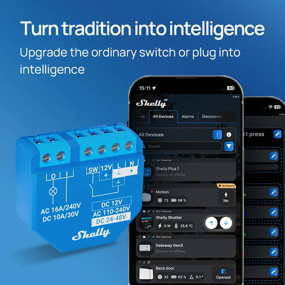 Shelly Plus 1 Smart Switch WiFi Bluetooth Operated Relay Switch Low Voltage Support Over Temperature Protection Control