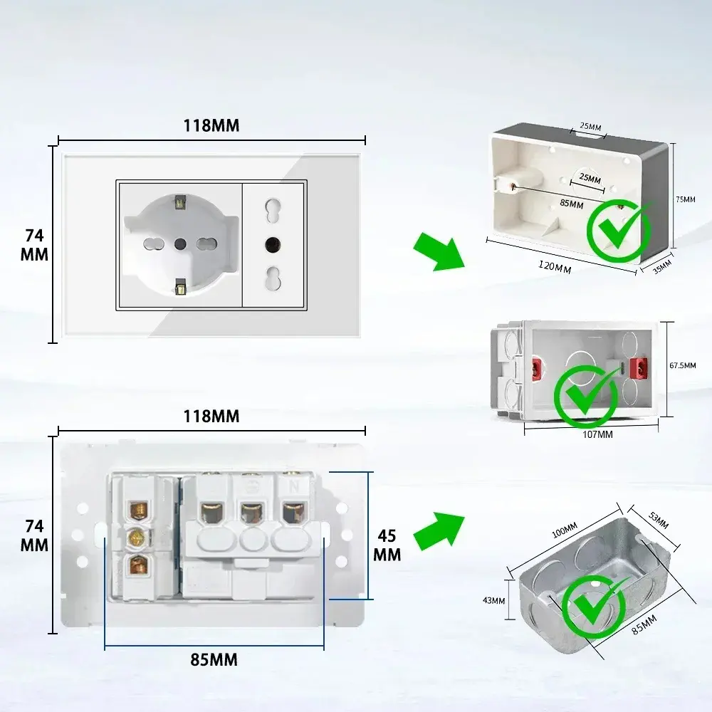White Tempered Glass Italy USB TypeC Fast Charging Wall Socket Schuko Tuya Wifi Smart Switch Sat TV Tel Doorbell Chile