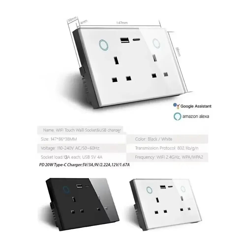 Shawader Zigbee Smart Tuya USB PD 20W Type C Charge Wall Socket UK Plug Outlet Touch Switch Wireless Remote by Alexa Google Home