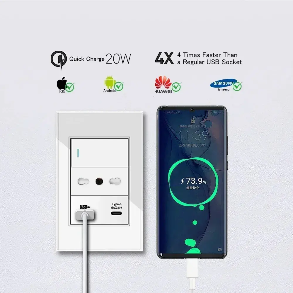 White Tempered Glass Italy USB TypeC Fast Charging Wall Socket Schuko Tuya Wifi Smart Switch Sat TV Tel Doorbell Chile