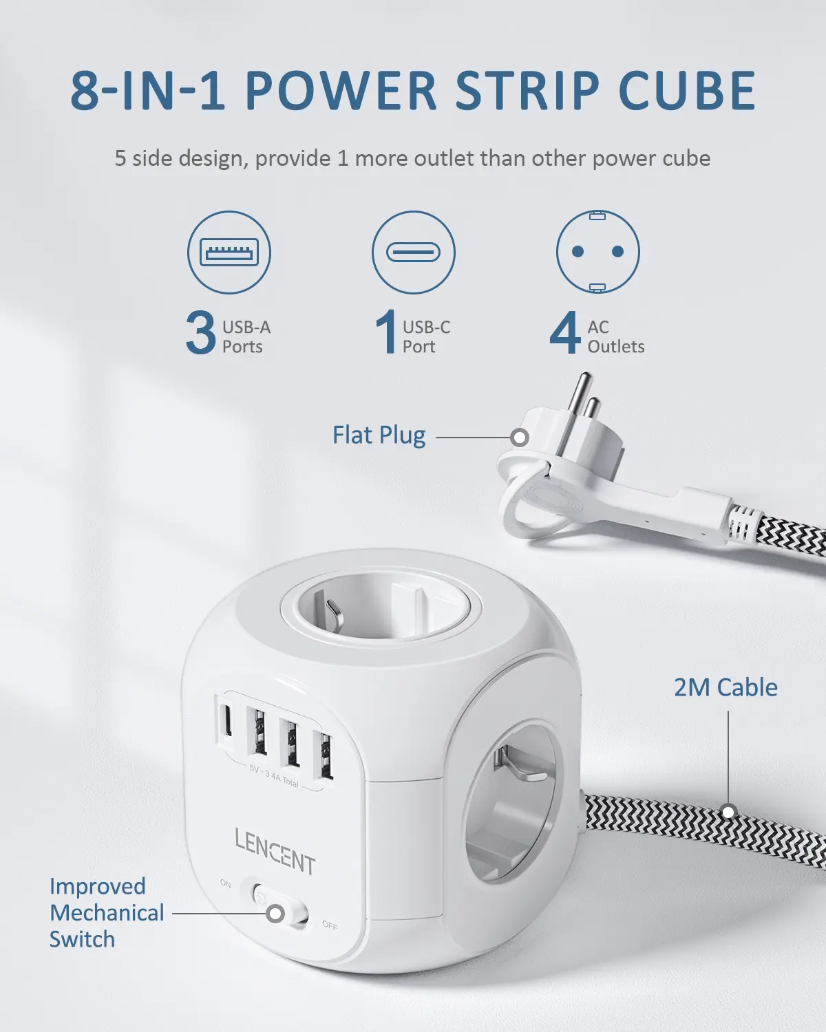 LENCENT Upgraded Power Strip Cube with  4 AC Outlets 3 USB Port 1 Type C 2M Braided Cable Multi Socket with Switch for Home