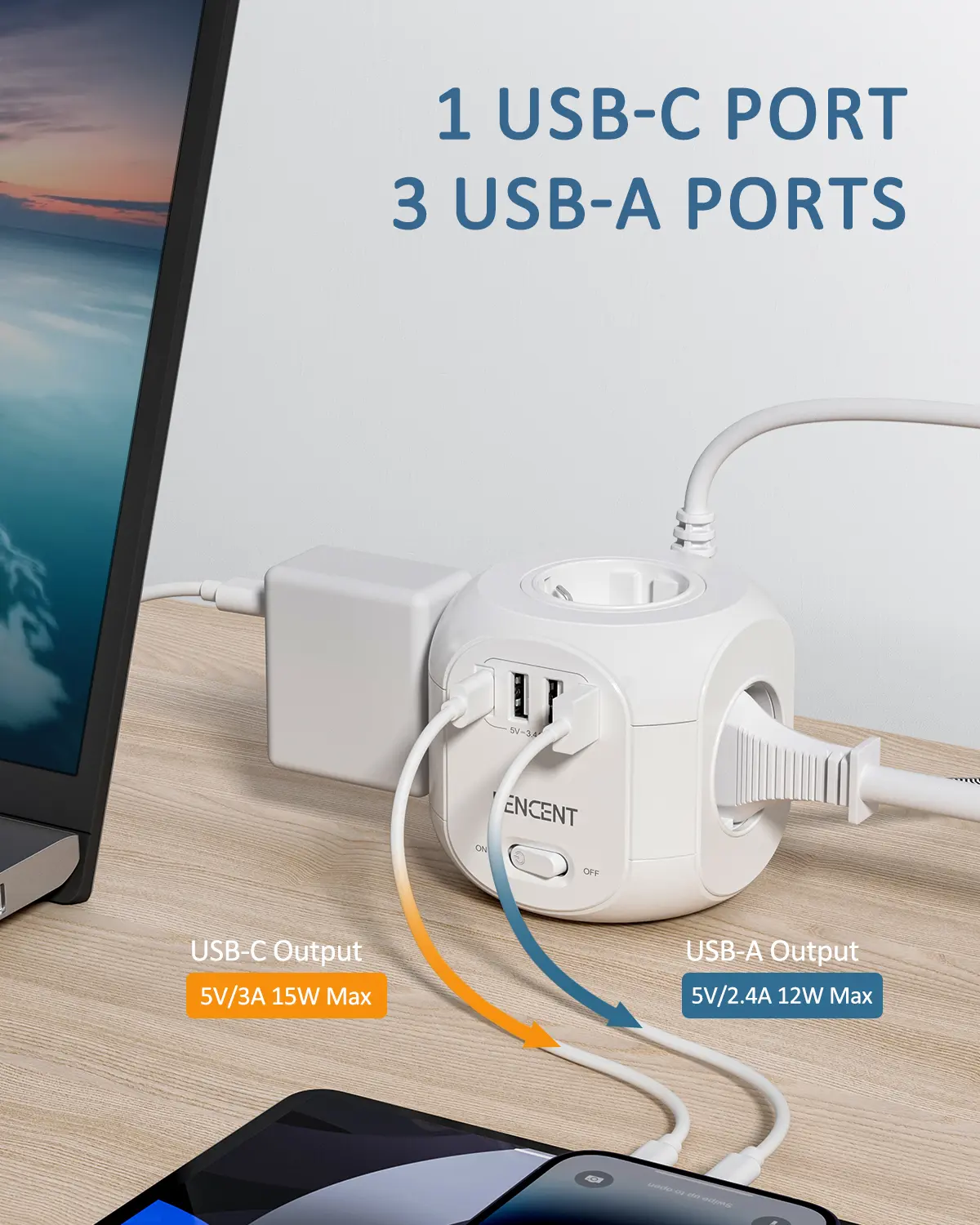 LENCENT Upgraded Power Strip Cube with  4 AC Outlets 3 USB Port 1 Type C 2M Braided Cable Multi Socket with Switch for Home