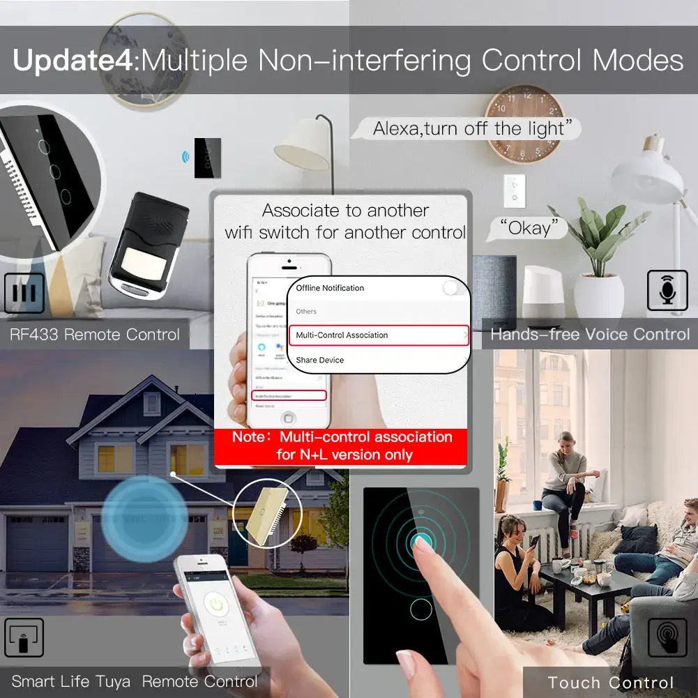WiFi Smart US Light Switch No Neutral Wire Required Smart Life Tuya APP control Alexa Google Home Compatible 1/2/3/4 Gang