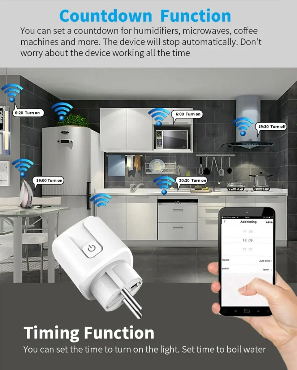 Tuay Smart Socket EU 16A 20A WiFi Smart Plug with Power Monitoring Smart Life APP Remote Control Support Google Assistant Alexa