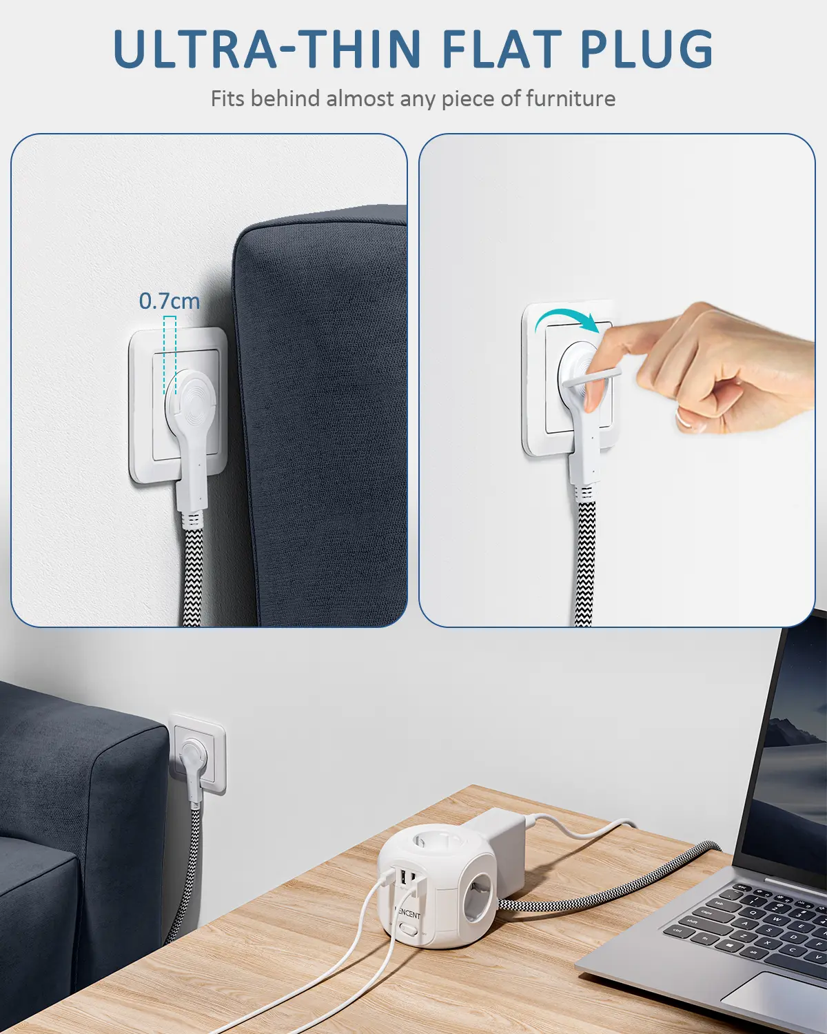 LENCENT Upgraded Power Strip Cube with  4 AC Outlets 3 USB Port 1 Type C 2M Braided Cable Multi Socket with Switch for Home