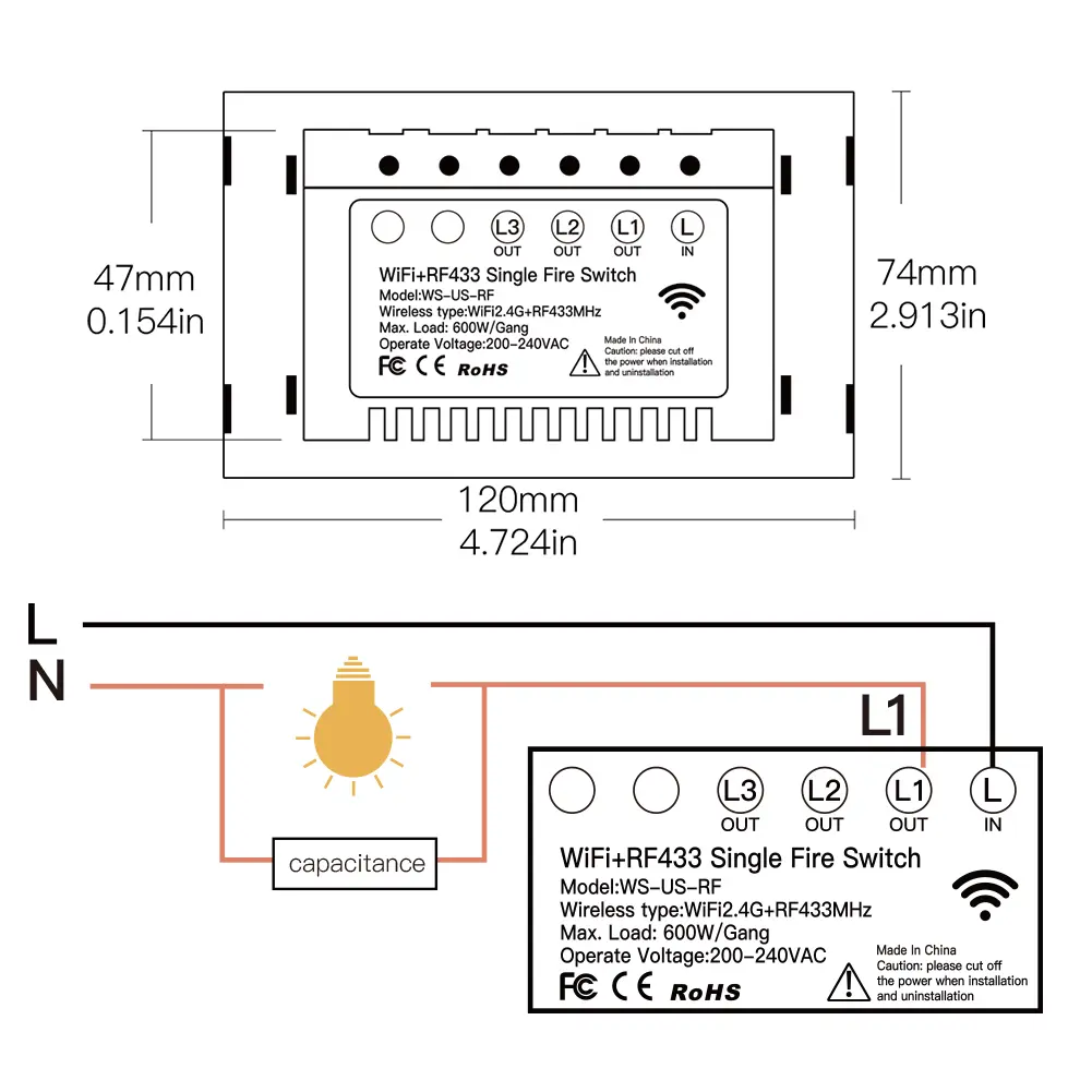 WiFi Smart US Light Switch No Neutral Wire Required Smart Life Tuya APP control Alexa Google Home Compatible 1/2/3/4 Gang