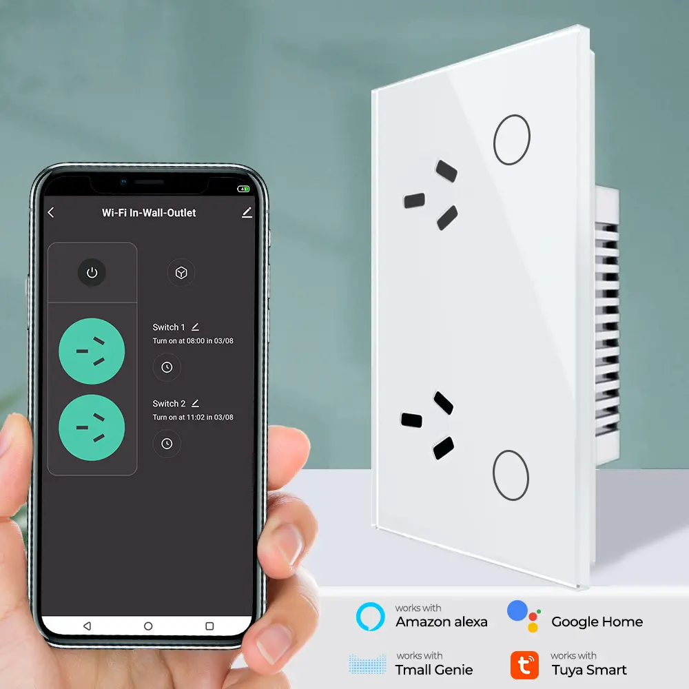 tuya 15A  AU Argentina Panel Wall Socket WIFI White Crystal Glass Touch Timmer Power Outlet Smart Home Voice Google Home Alexa
