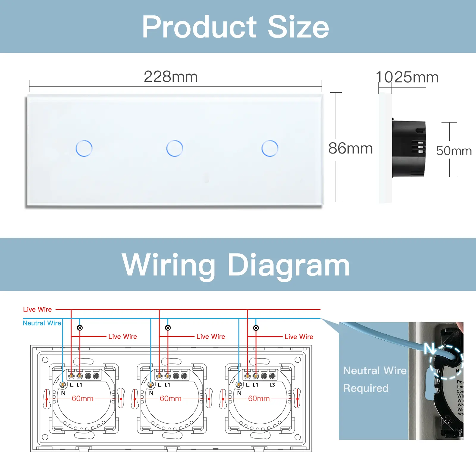 BSEED WIFI Touch Switches Series Wall Smart Light Switches Blue LED Backlight Glass Sensor Screen Tuya APP Switches EU Standard