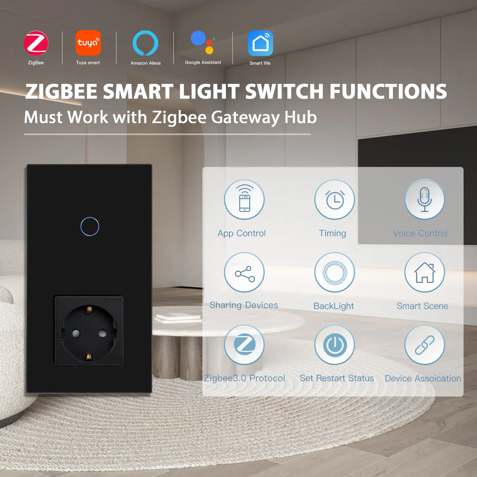 BSEED 1/2/3Gang Zigbee Wall Touch Switches Plus EU Sockets Double Triple Light Switches Tuya Smart Life App Neutral Required