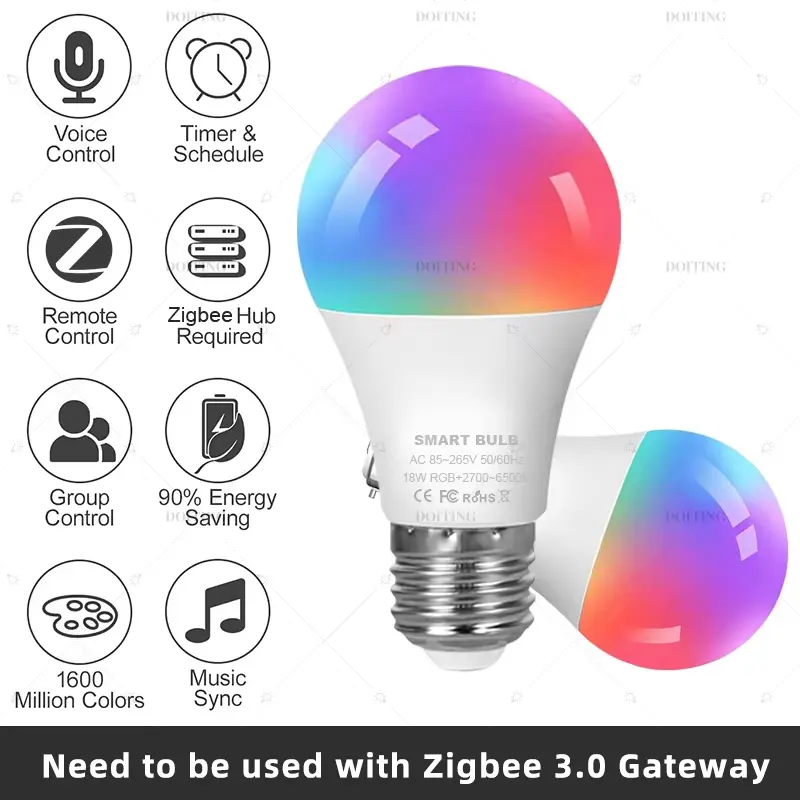 Zigbee 3.0 Smart Led Bulb E27 B22 Lamps RGBCW Works With Alexa Echo Plus Google Home Assistant APP Voice Control 110V 220V 2MQTT