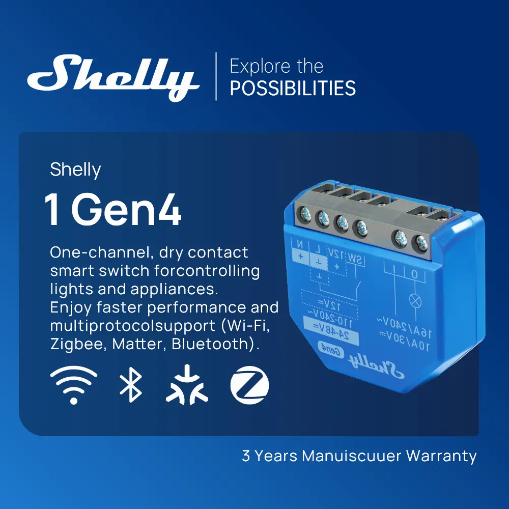 Shelly 1 Gen4 Zigbee Dry Contact Wifi Smart Switch Matter For Controlling Lights Apps Garage Doors Works with Apple Homekit