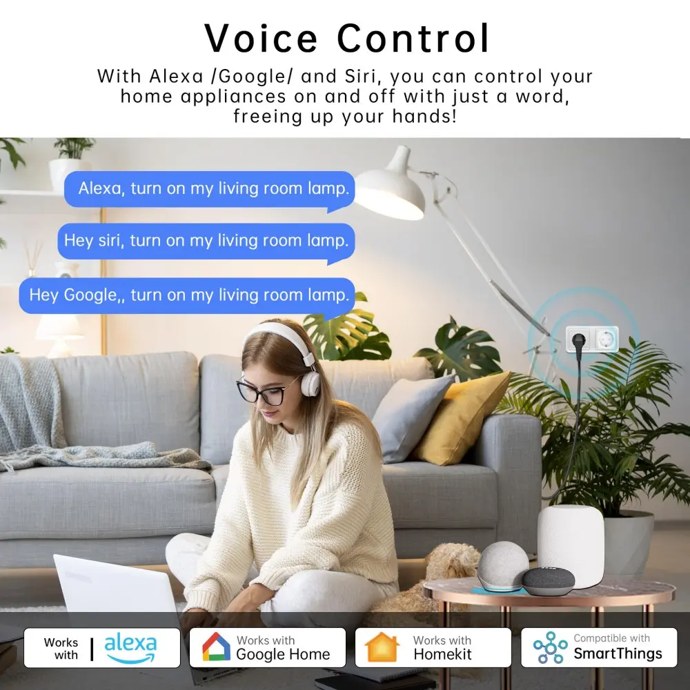Matter WiFi Smart Socket 16/20A Power EU Home Appliance Mini Smart Plug Adapter APP Control Works with HomeKit Siri Alexa Google