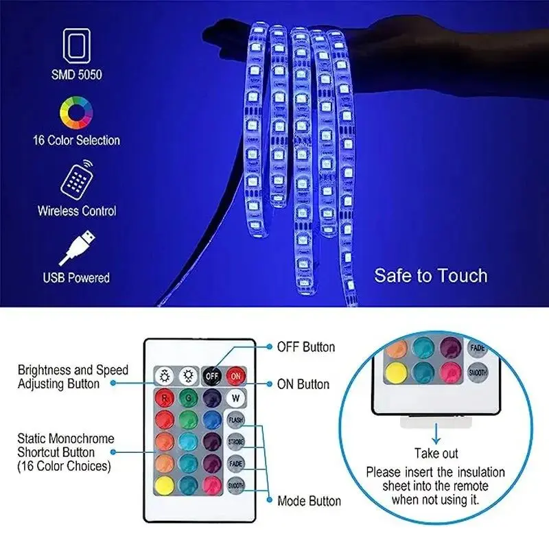 USB LED Strip Lights Color Changing 5050 RGB Led Light with Remote Control Flexible Lamp Tape for Room Decoration TV Backlight