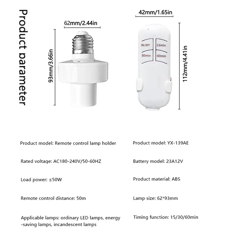 Smart Remote Control Light Switch E27 LED Lamp Wireless Timer Holder Bulb Base Socket On/Off 30M Range For Ceiling Chandelier