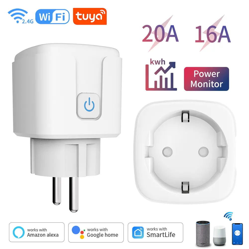 Tuya 16A 20A EU Smart Socket WiFi Smart Plug With Power Monitoring Timing Function Voice Control Alexa Google Assitant