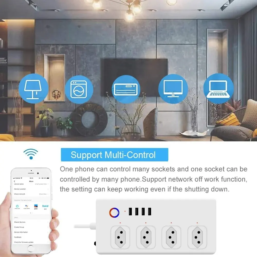 Melery WiFi Smart Power Strip 4 Way AC Brazil Plug Outlet USB Socket 1.5m Extension Cord Wireless Remote Alexa Tuya Google Home
