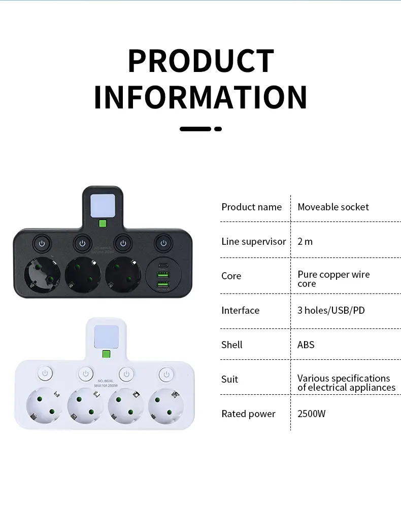 EU Plug Outlet 4 Sockets Electrical Socket No Extension Cord With USB Type-C Ports Two specifications