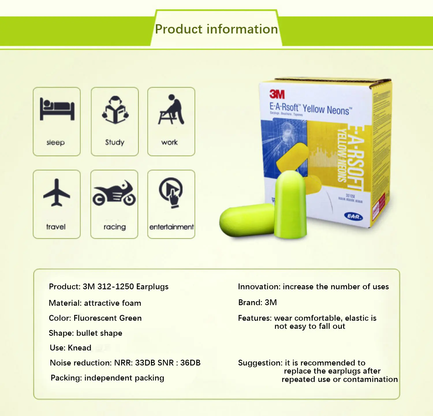 3M noise-canceling earplugs 312-1250 sound-isolating earplugs Sleeping Learning Factory noise-proof earplugs Hearing Protection